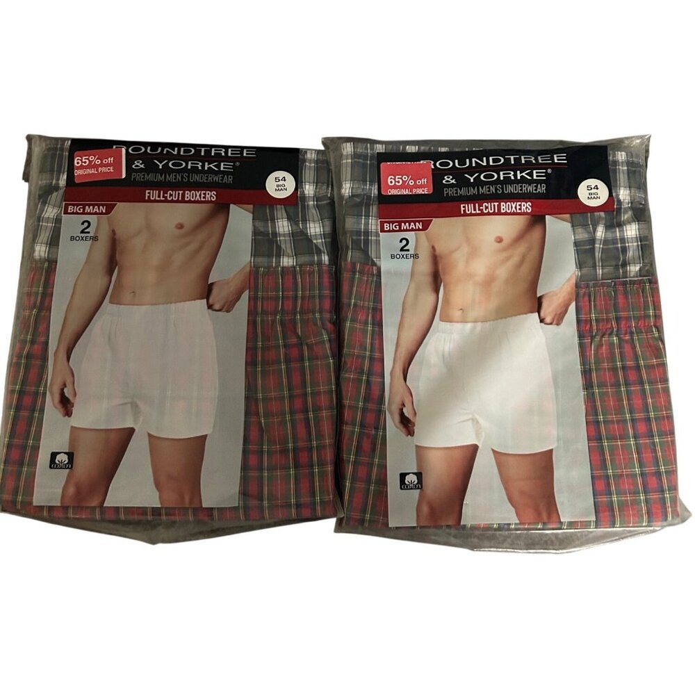 2 Pack Roundtree & Yorke Big Man Full-Cut Boxers 54 100% Cotton plaid underwear